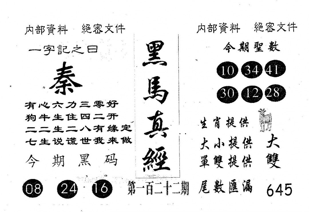 六合彩122期黑马真经(黑白)