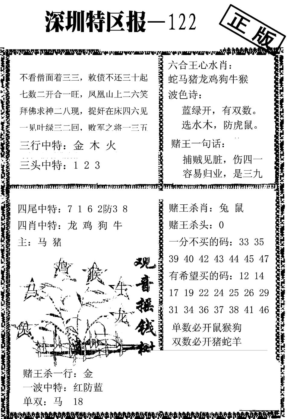 六合彩122期深圳特区报A(黑白)