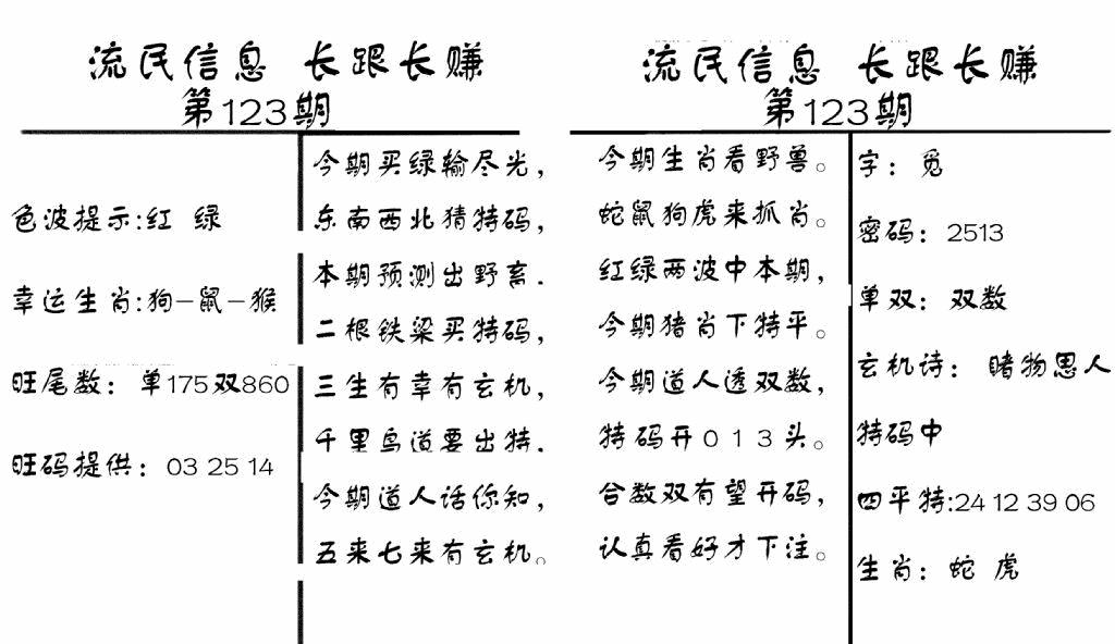 六合彩123期流民信息(黑白)