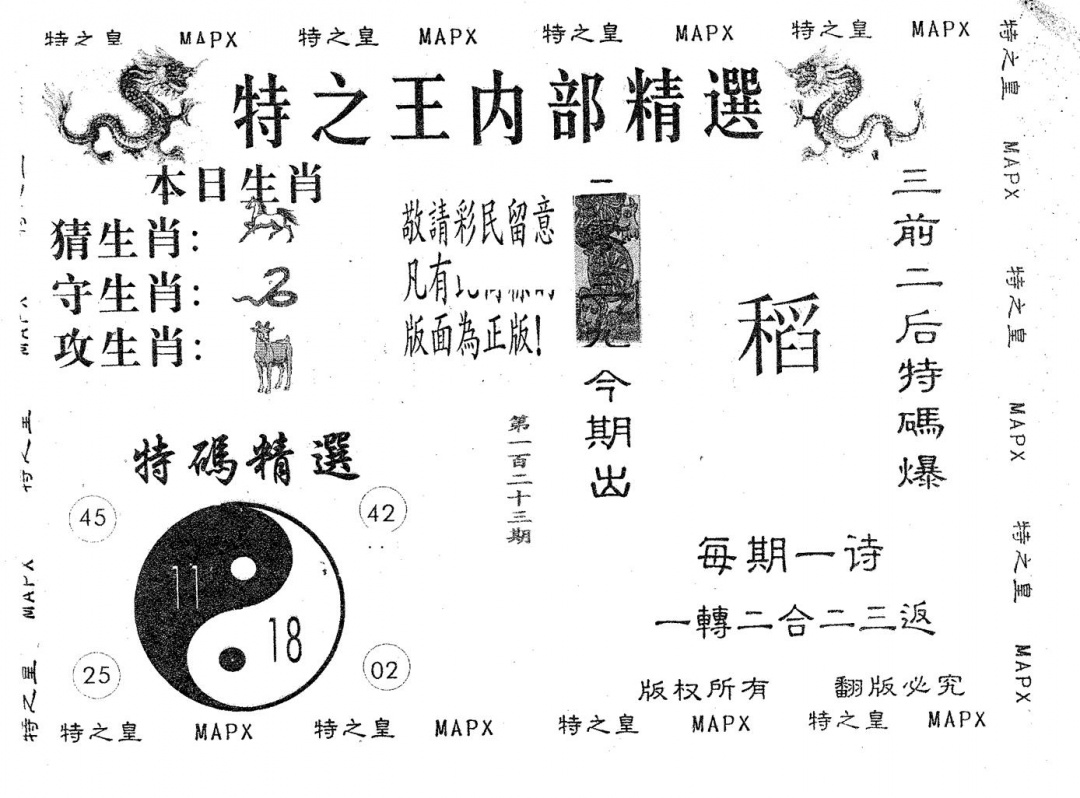 六合彩123期内部精选(黑白)