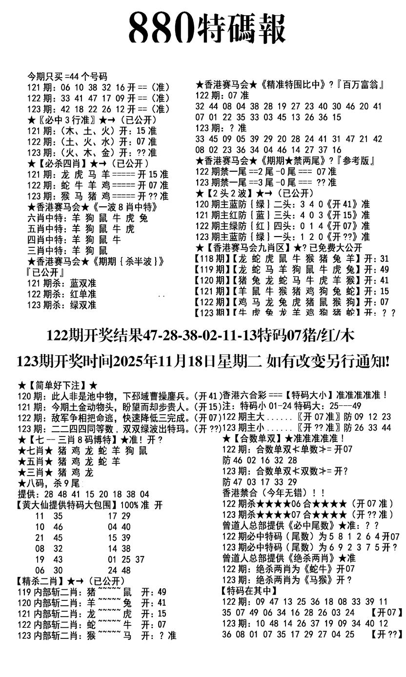 六合彩123期九龙880特码报(黑白)