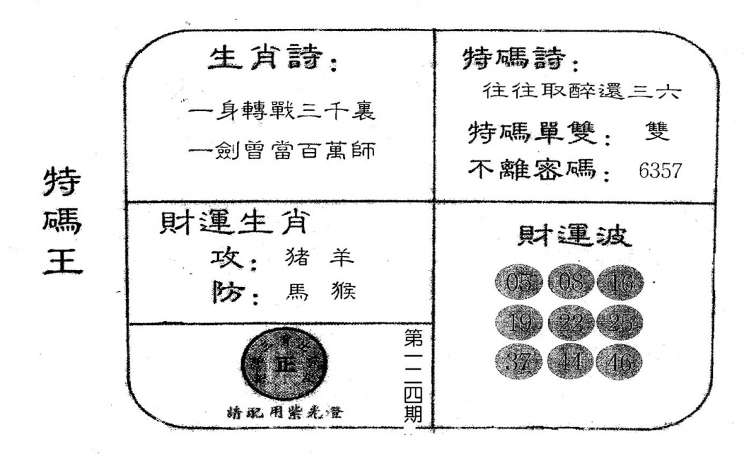 六合彩124期老版特码王(黑白)