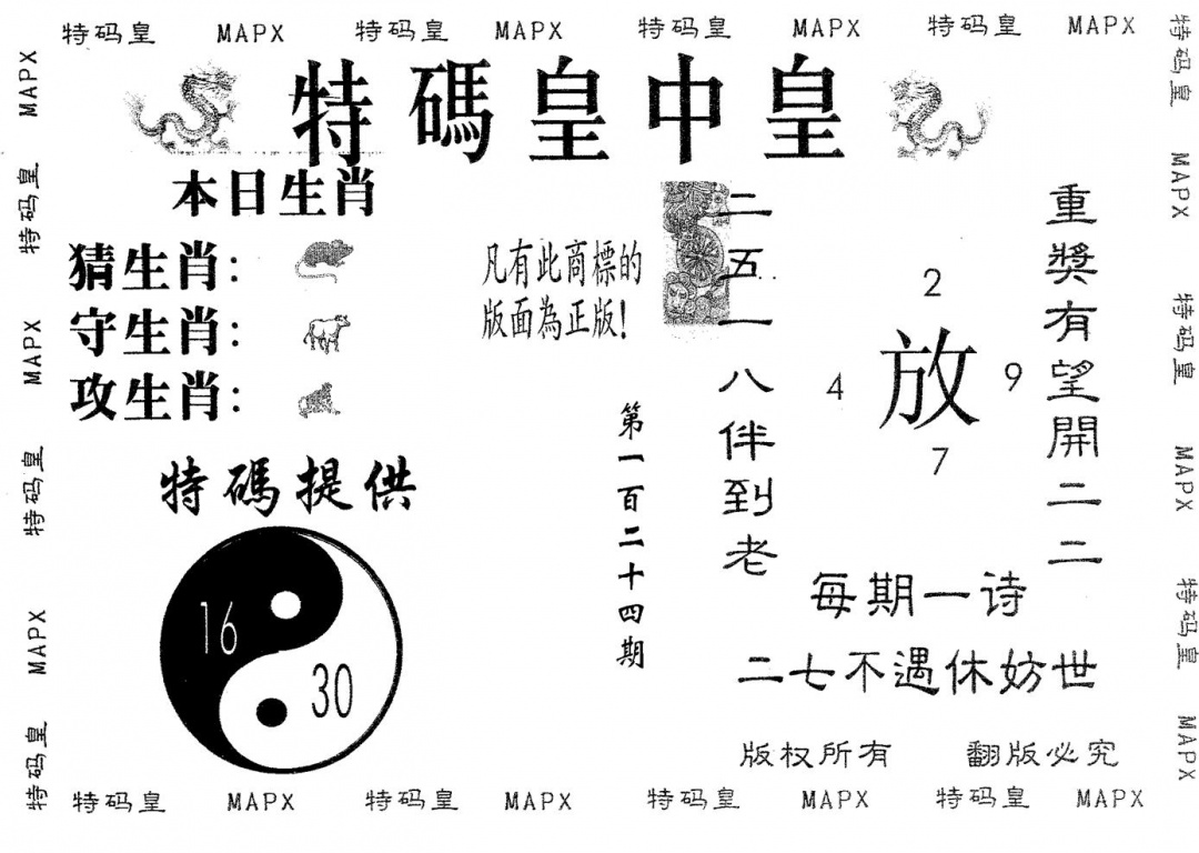 六合彩124期皇中皇A(黑白)