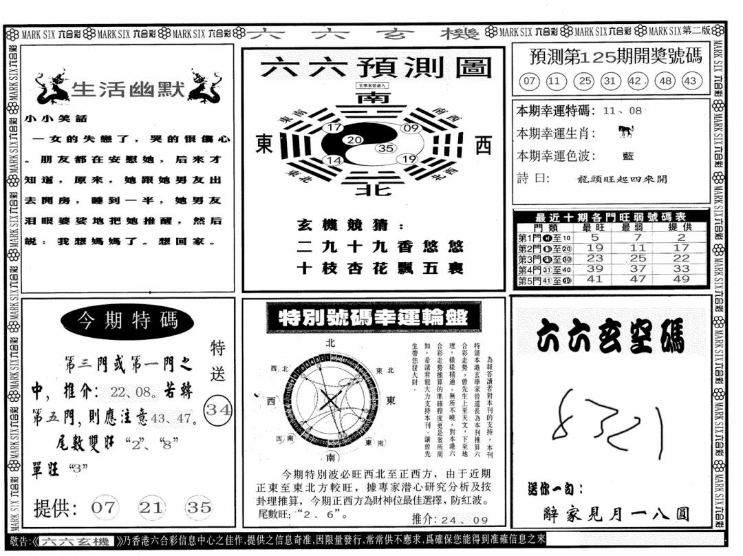 六合彩125期六六玄机B(黑白)