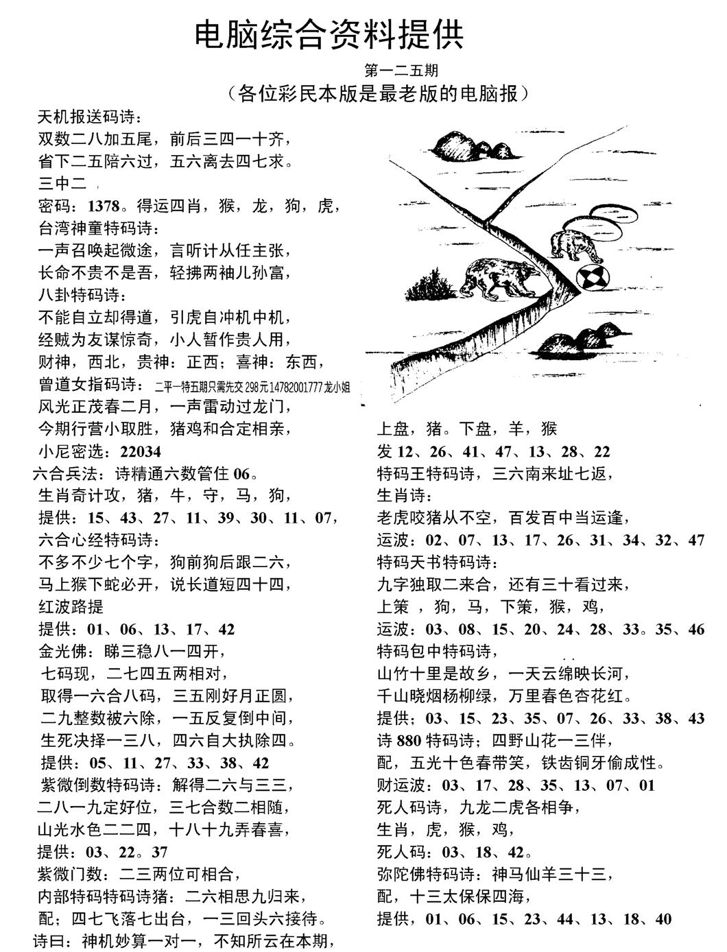 六合彩125期当日电脑综合资料C(黑白)