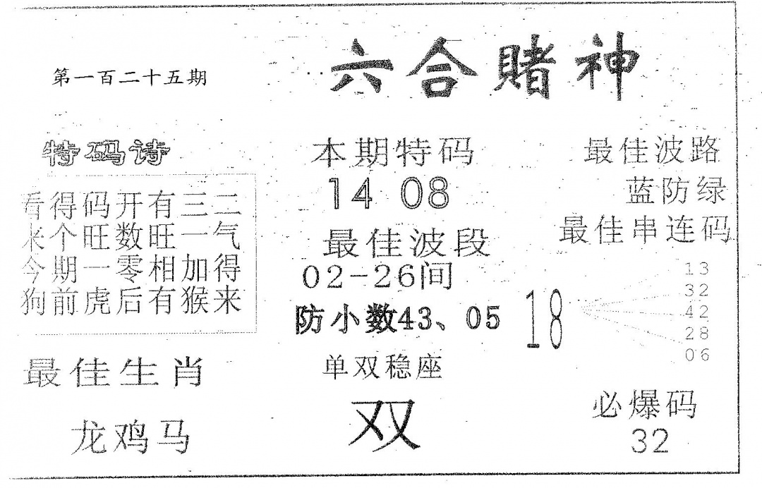 六合彩125期六合赌神(黑白)