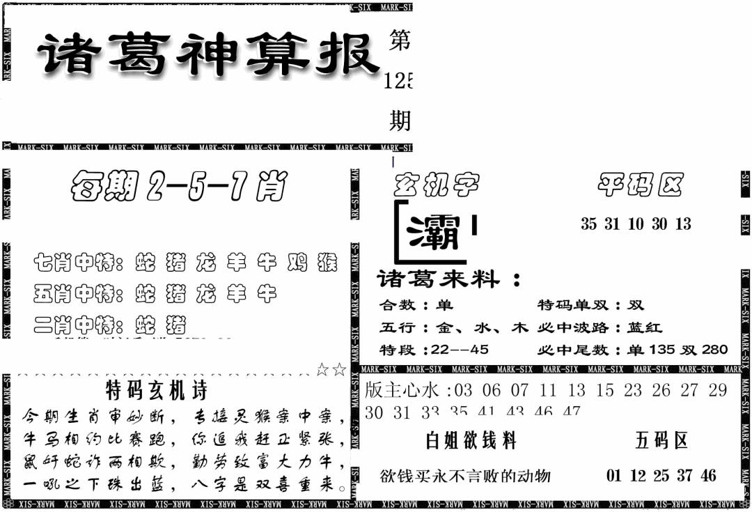 六合彩125期另新诸葛神算报(黑白)