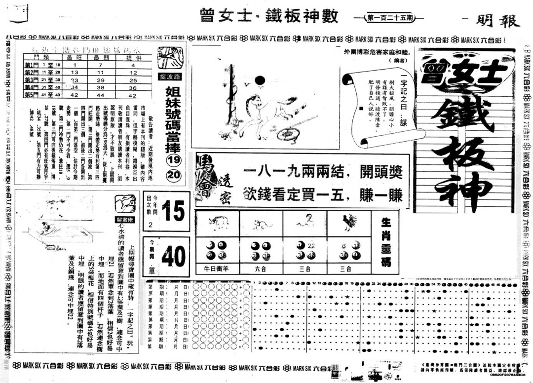 六合彩125期另版曾铁板神数A(黑白)