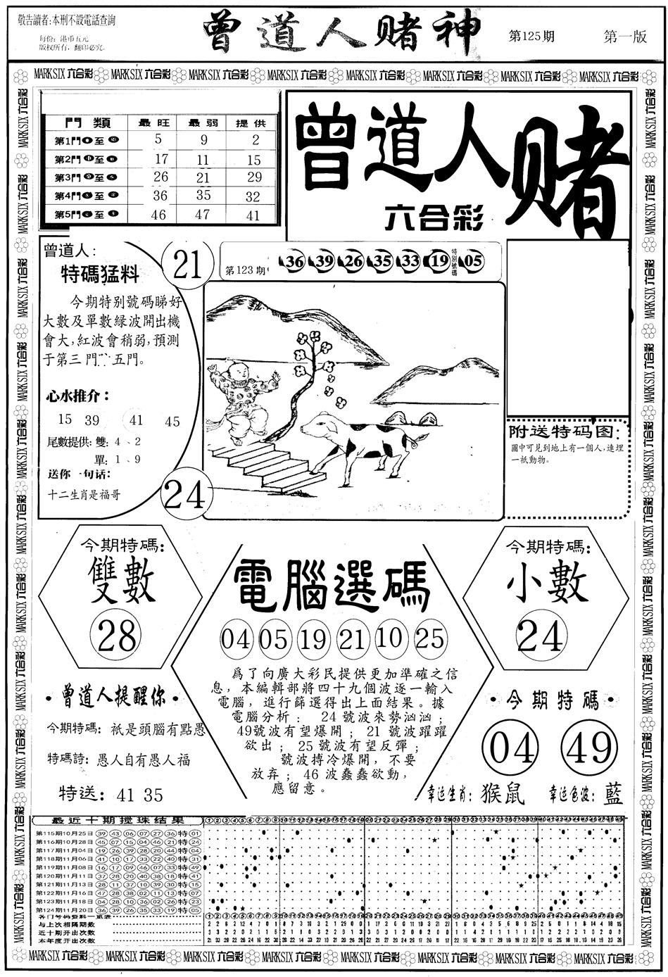 六合彩125期另版曾道人赌神A(黑白)