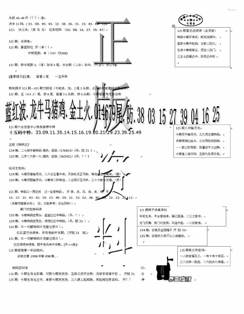六合彩125期正版资料(黑白)