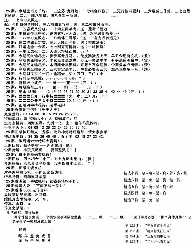 六合彩125期独家正版福利传真(新料)B(黑白)