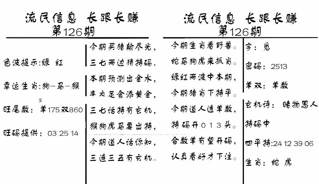 六合彩126期流民信息(黑白)