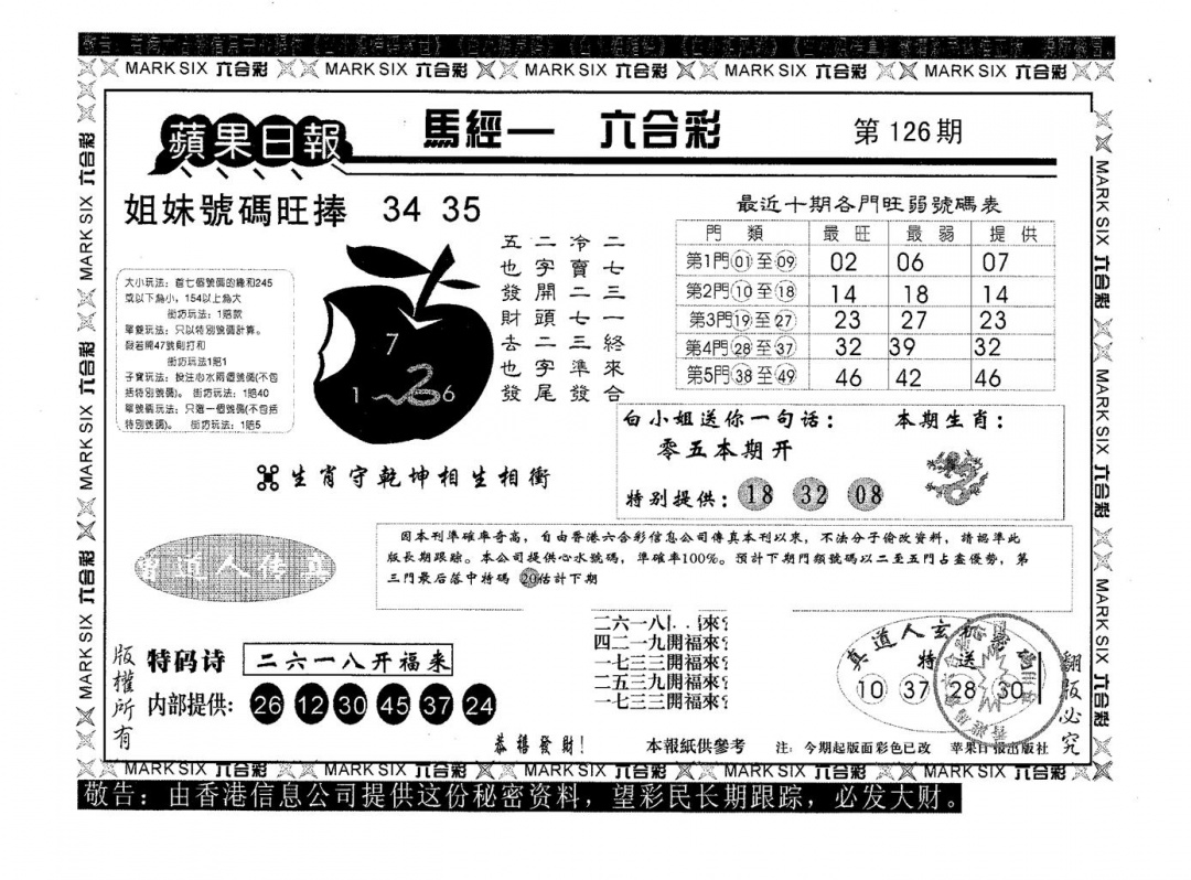 六合彩126期苹果日报A(黑白)