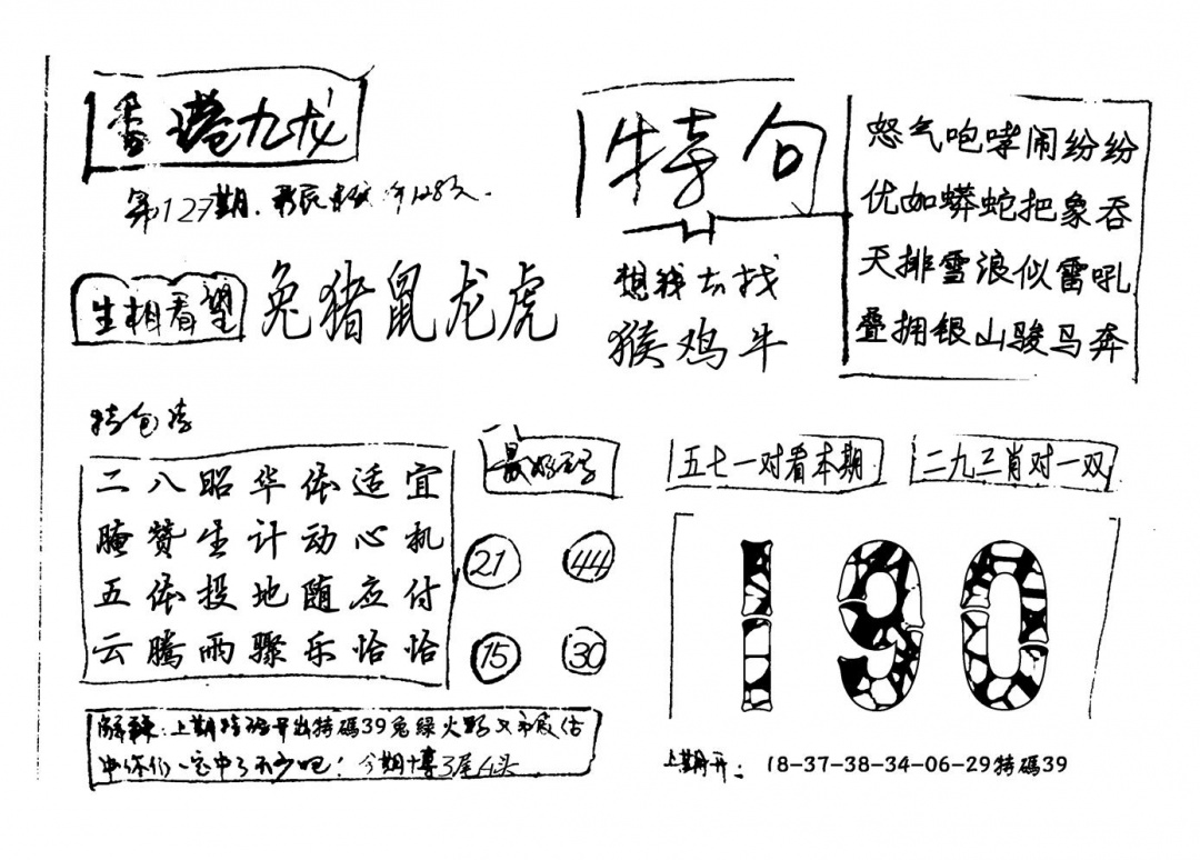 六合彩127期香港九龙(新图)手写(黑白)