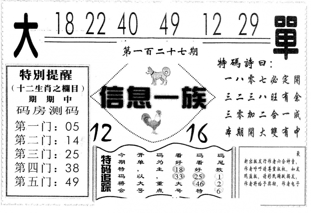 六合彩127期信息一族(黑白)