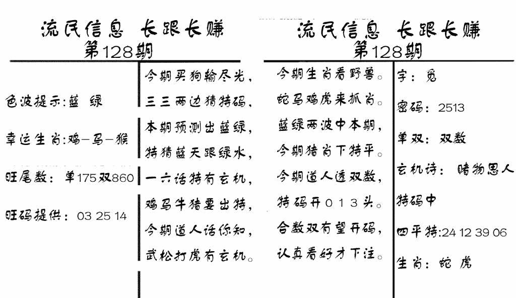 六合彩128期流民信息(黑白)
