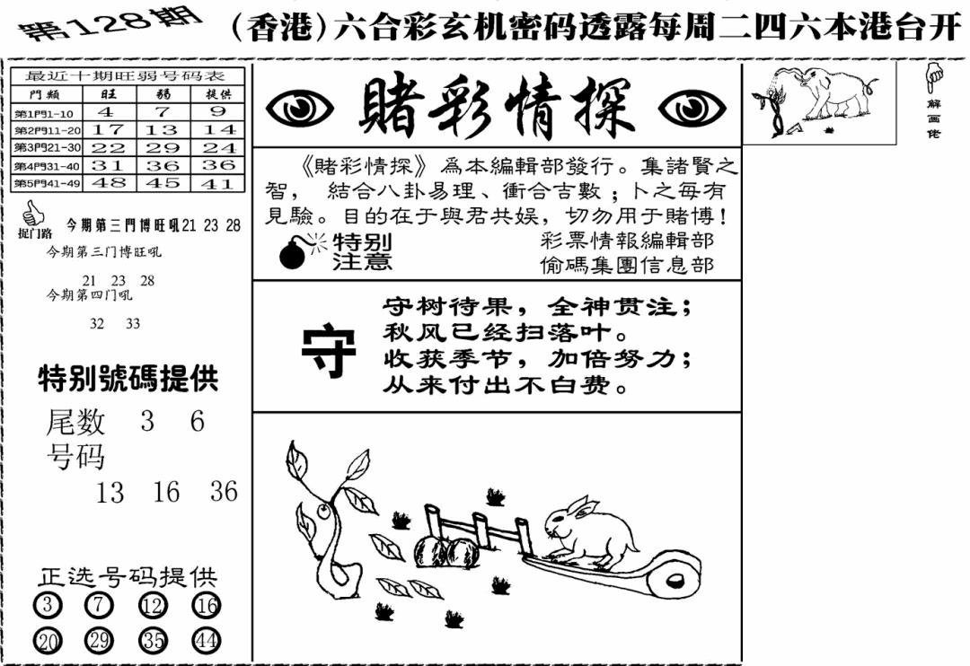 六合彩128期老版赌彩情探(黑白)