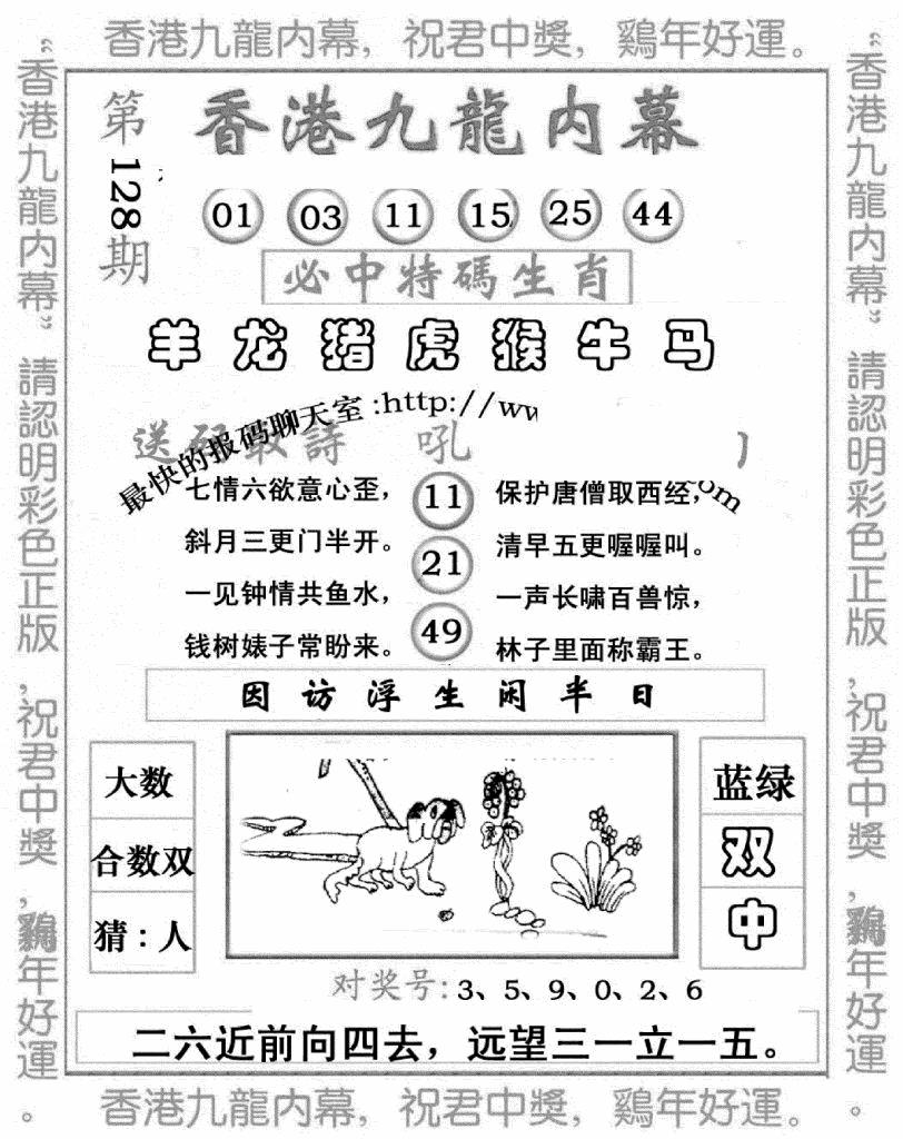六合彩128期九龙内幕七肖图(新图)(黑白)
