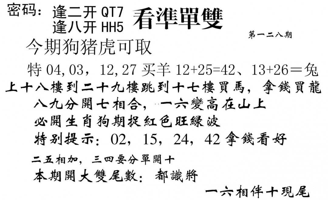 六合彩128期看准单双(黑白)