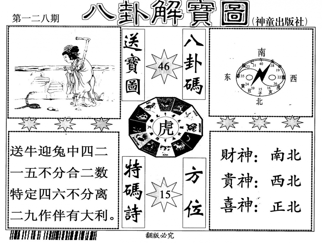 六合彩128期八卦解宝图(黑白)