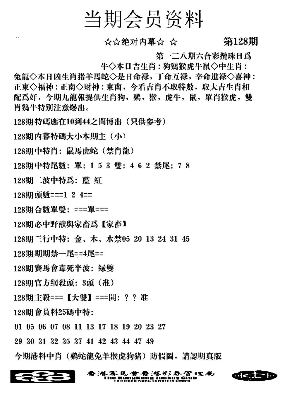 六合彩128期当期会员资料图(新料)(黑白)