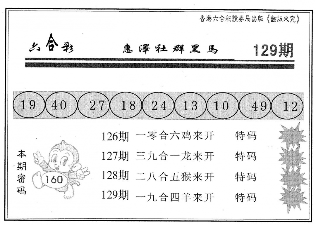六合彩129期黑马(黑白)