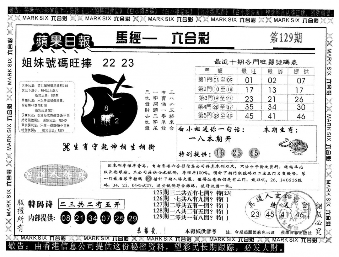六合彩129期苹果日报A(黑白)