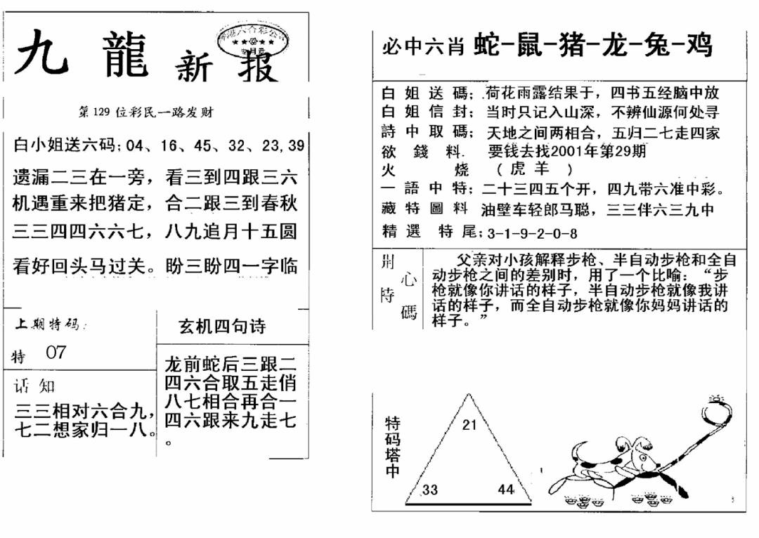 六合彩129期九龙新报(新)(黑白)