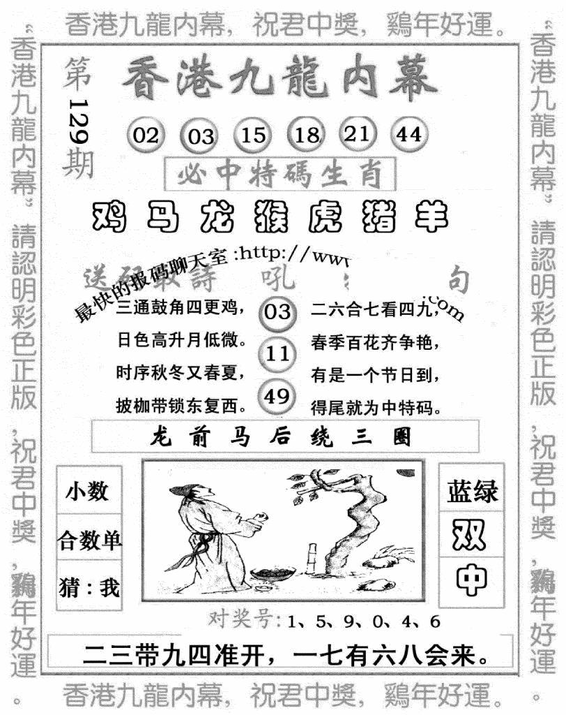 六合彩129期九龙内幕七肖图(新图)(黑白)