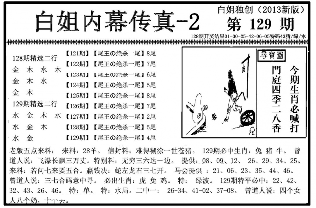 六合彩129期白姐内幕传真-2(新图)(黑白)