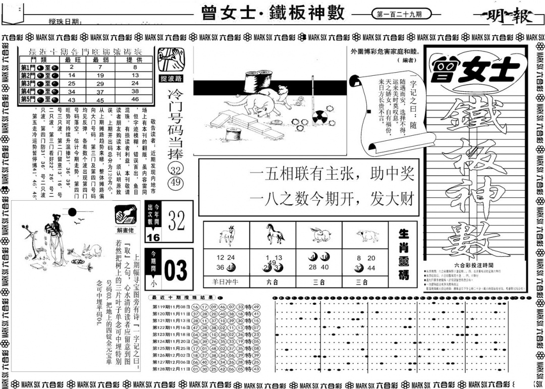 六合彩129期另版曾女士铁板A(黑白)