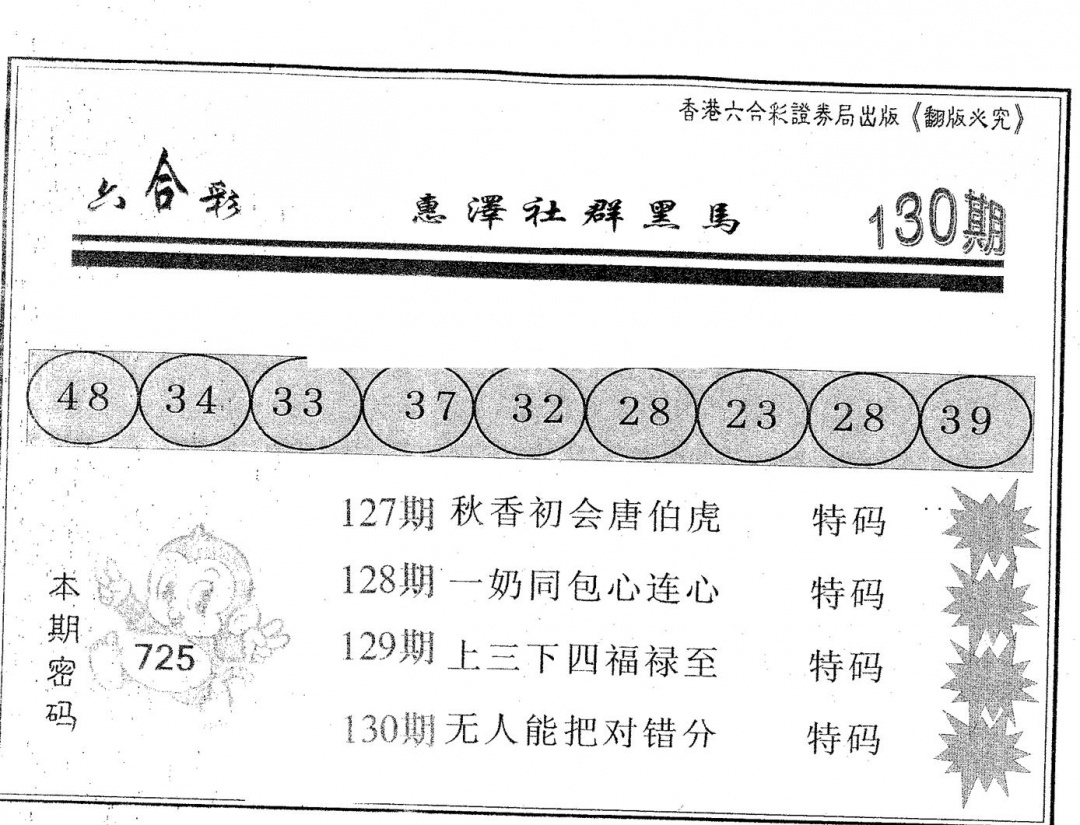 六合彩130期黑马(黑白)
