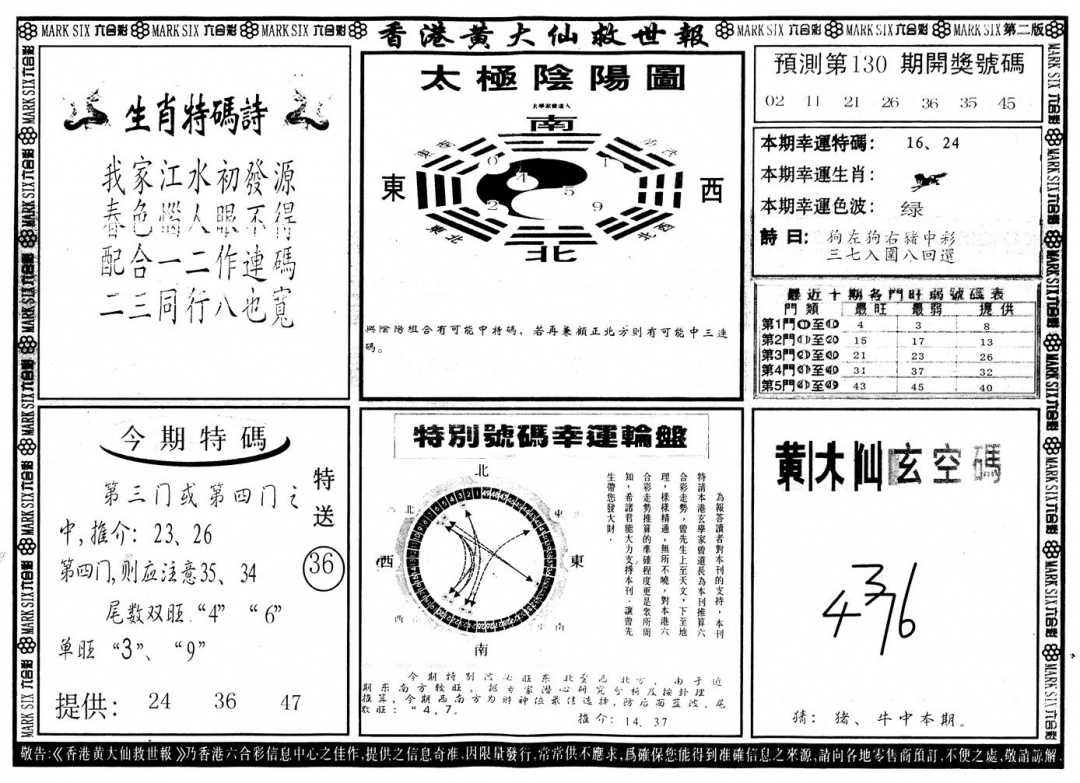 六合彩130期另版香港黄大仙B(黑白)