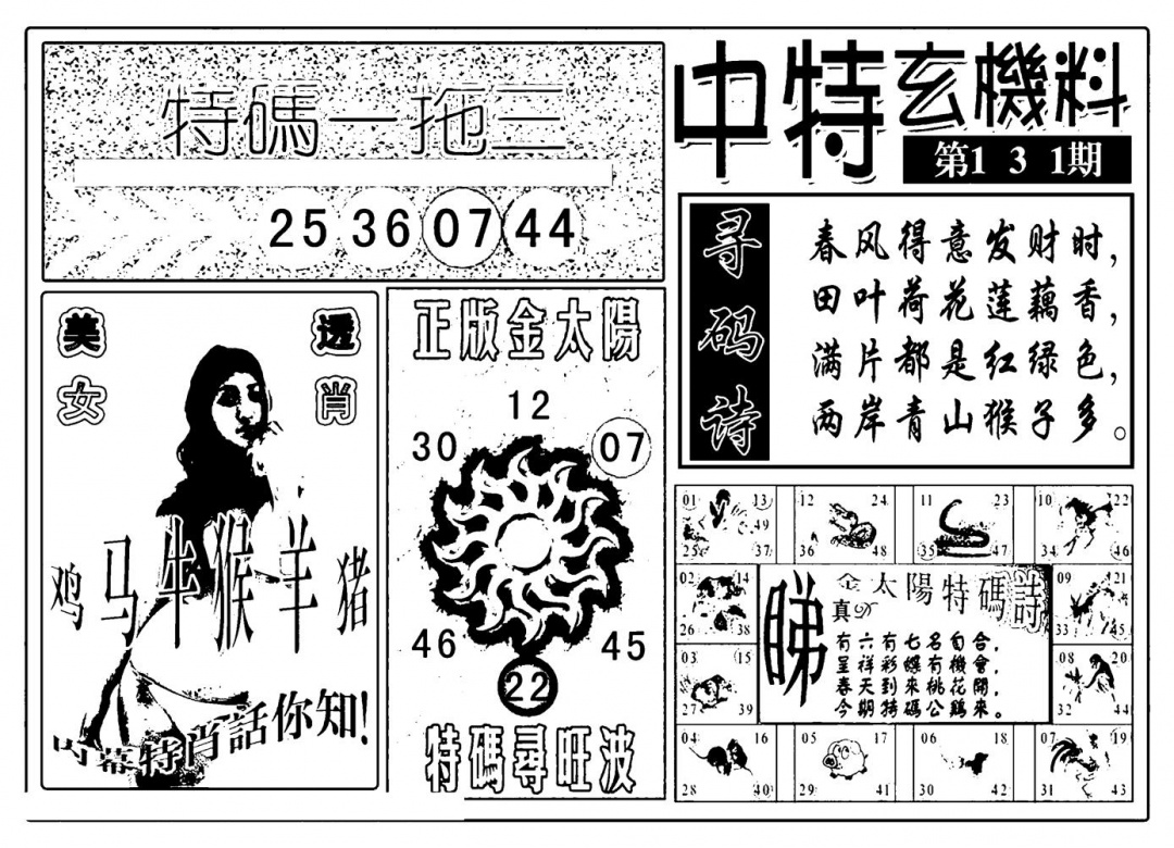 六合彩131期中特玄机料(新图)(黑白)