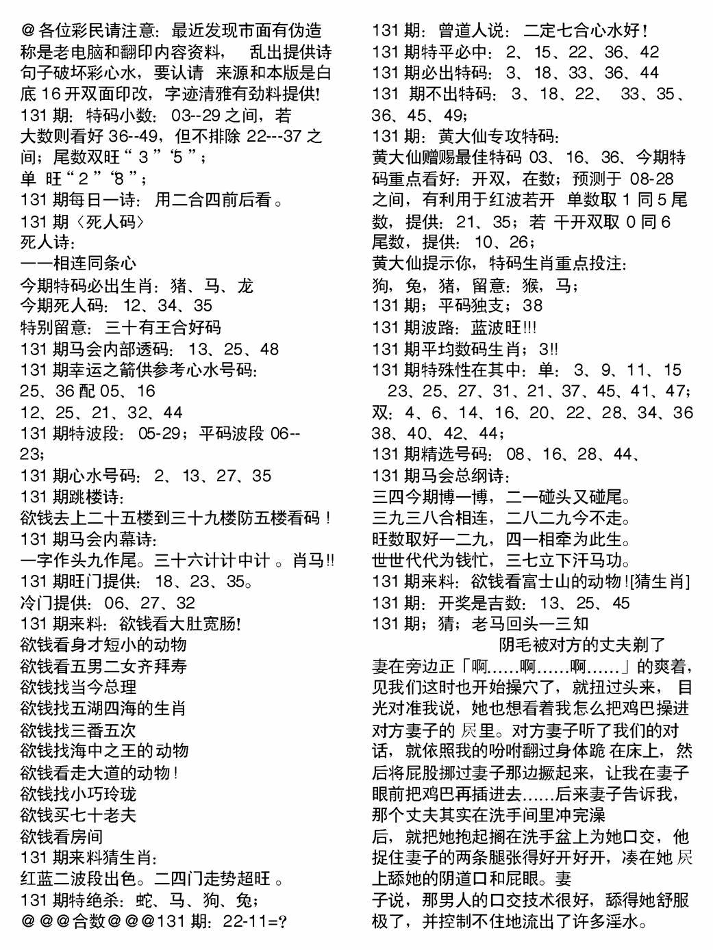 六合彩131期当日电脑综合资料B(黑白)