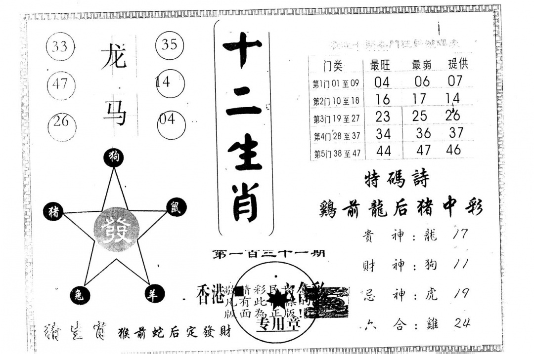 六合彩131期另版十二生肖(黑白)