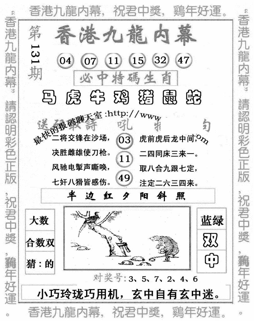 六合彩131期九龙内幕七肖图(新图)(黑白)