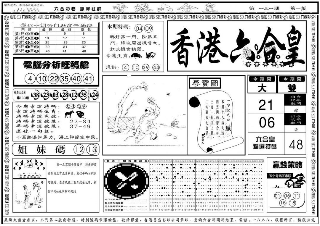 六合彩131期另版香港六合皇A(黑白)