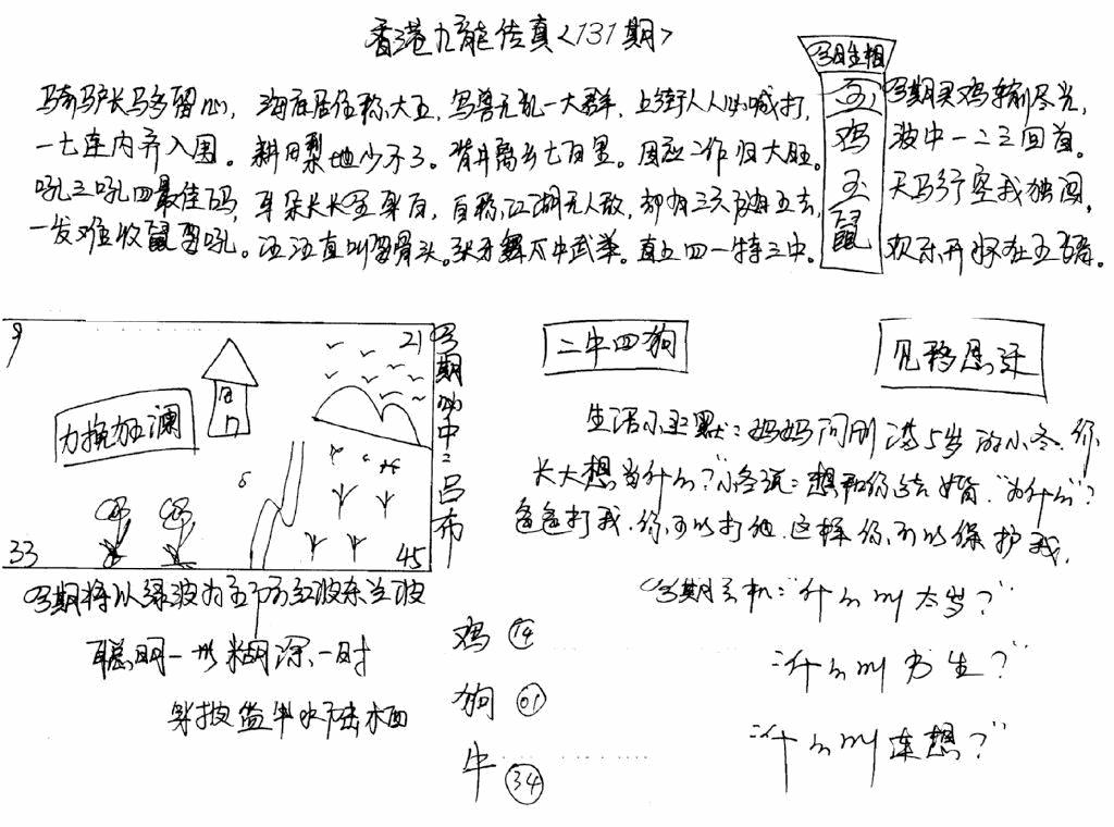六合彩131期手写九龙内幕(早图)(黑白)