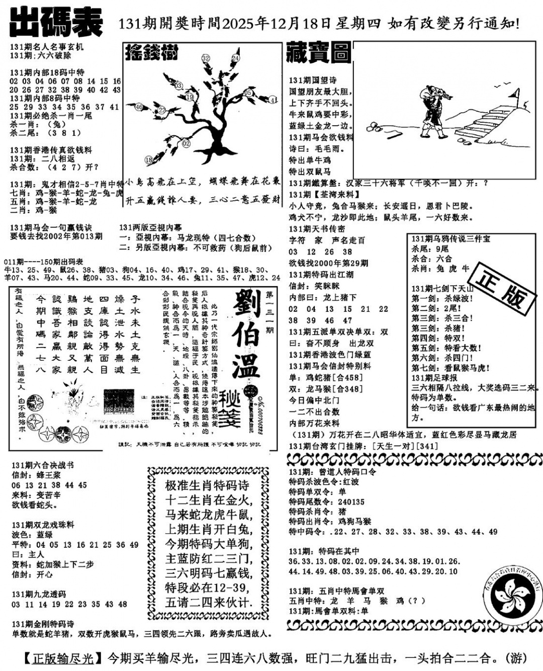 六合彩131期出码表(新料)(黑白)