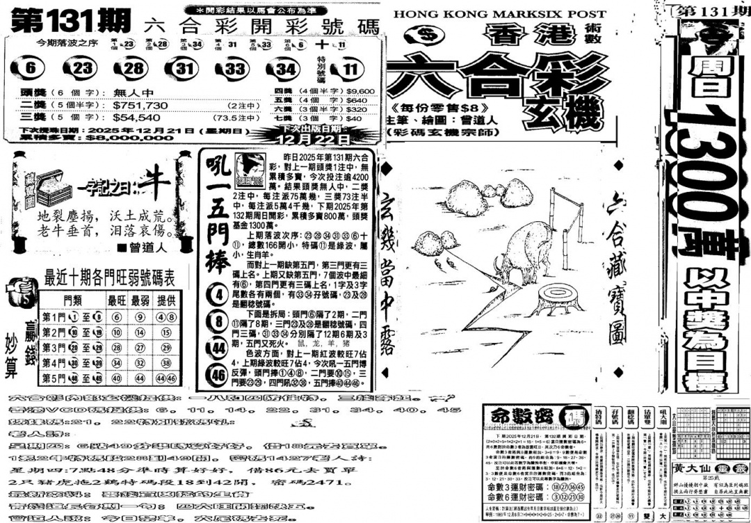 六合彩132期当日玄机B(黑白)