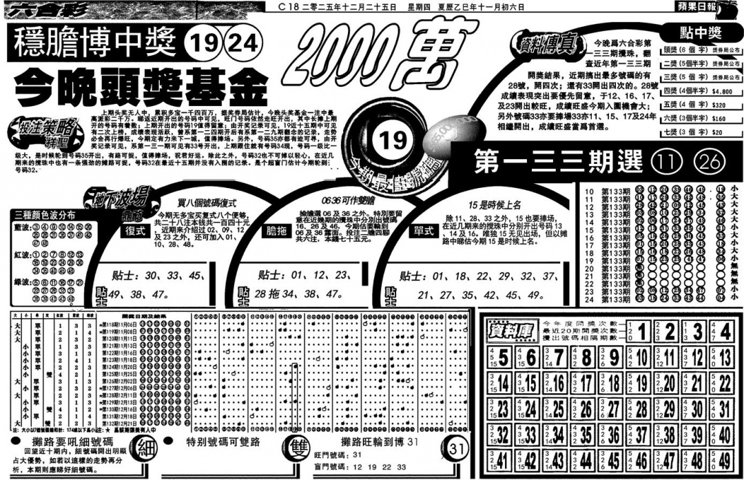 六合彩133期当日苹果日报(黑白)