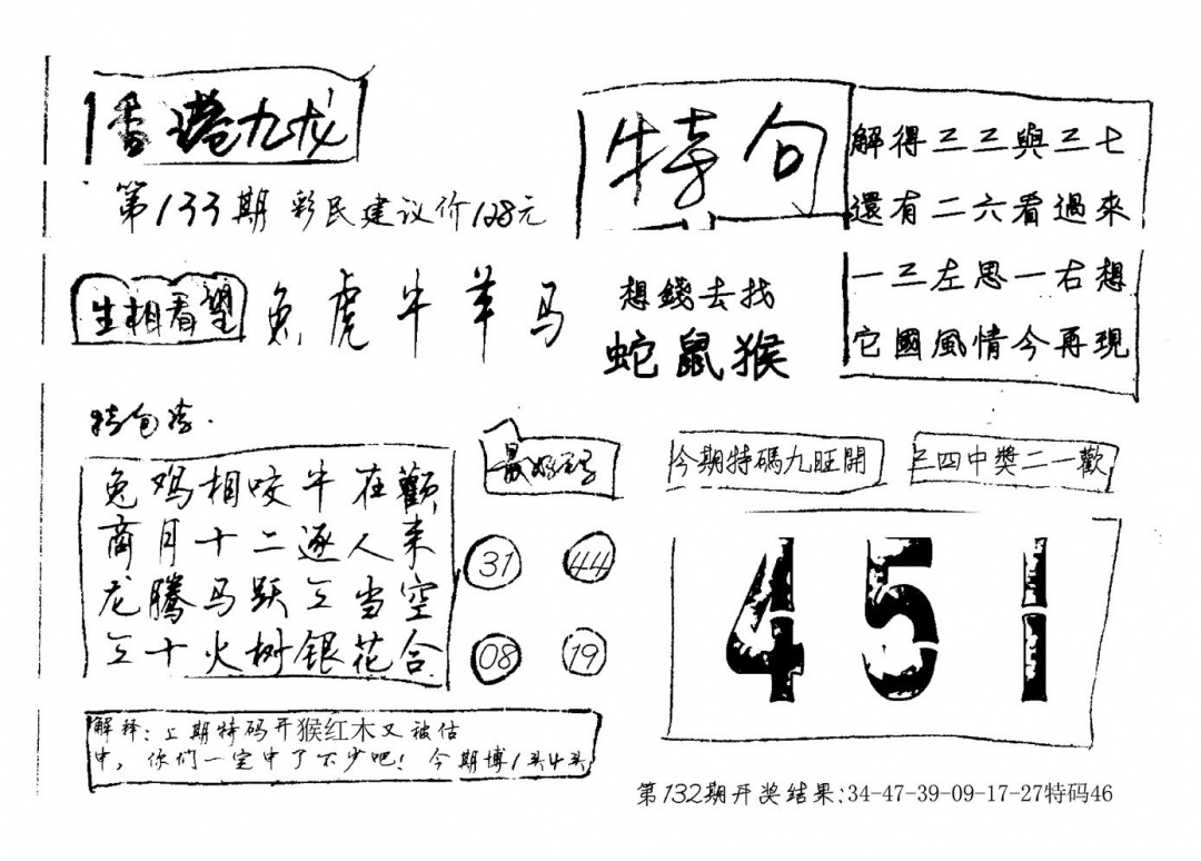 六合彩133期九龙内幕(新图)手写(黑白)