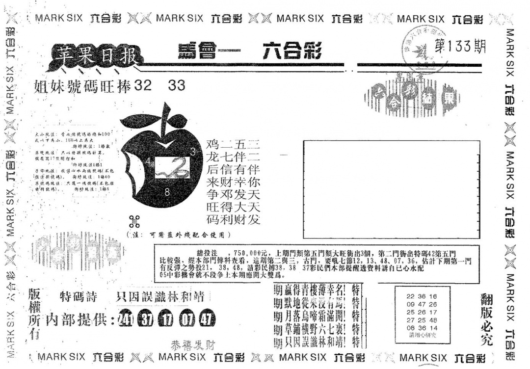六合彩133期苹果日报B(黑白)