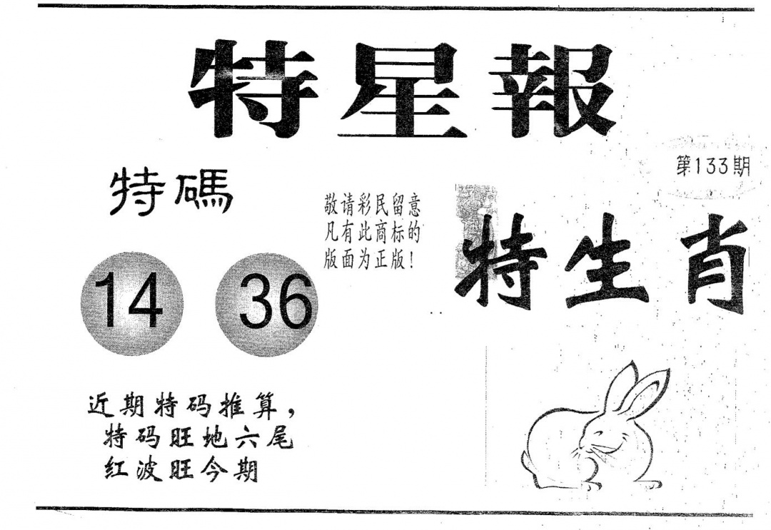 六合彩133期特星报(黑白)