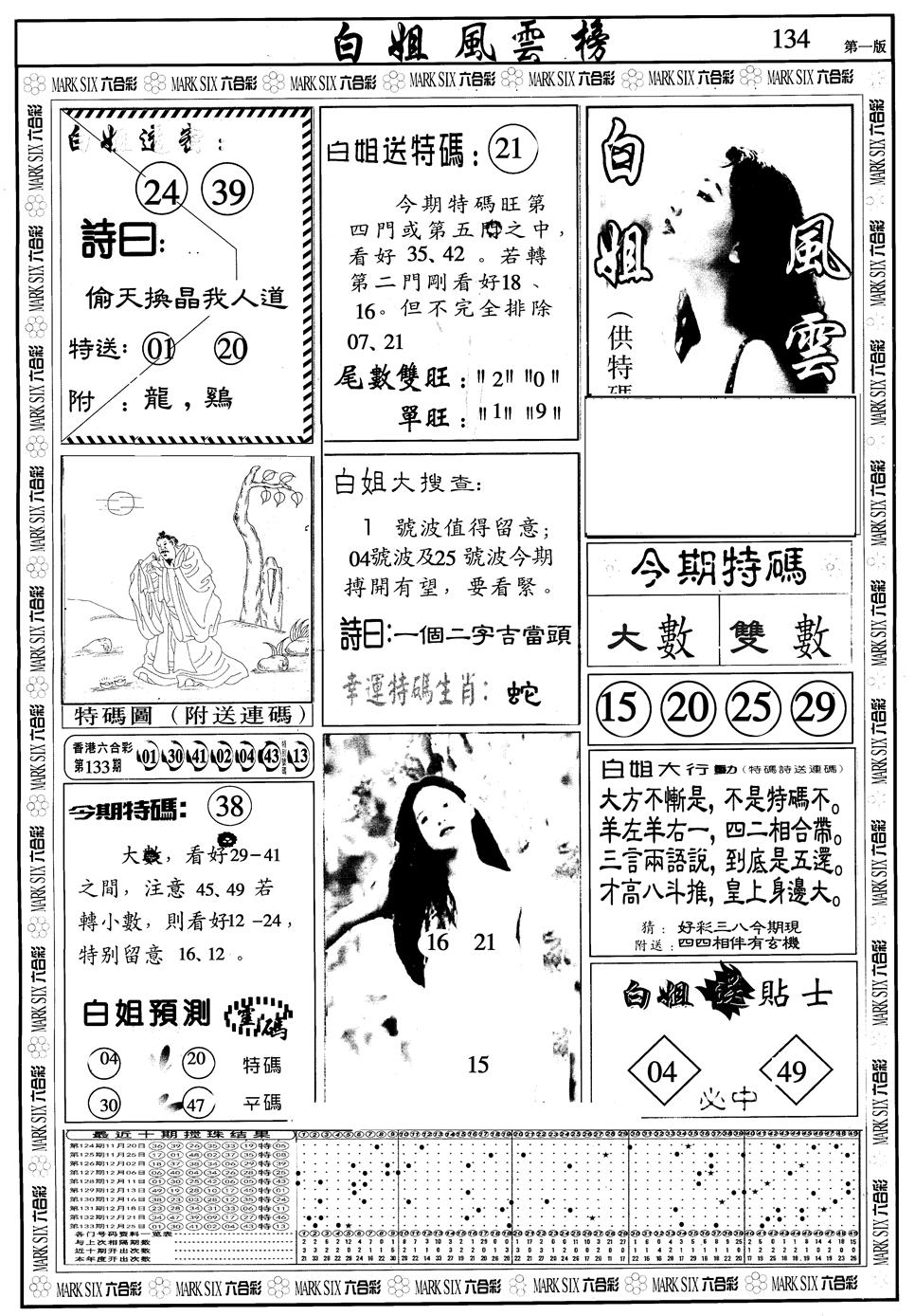 六合彩134期另版白姐风云榜A(黑白)