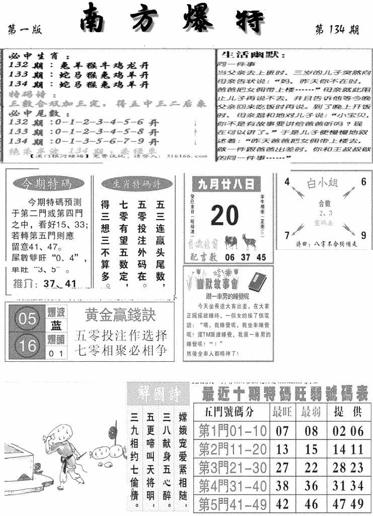 六合彩134期南方爆特A(新图)(黑白)