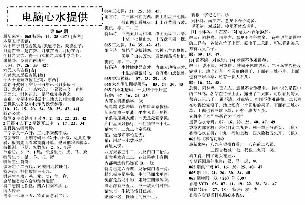 六合彩065期电脑心水(黑白)