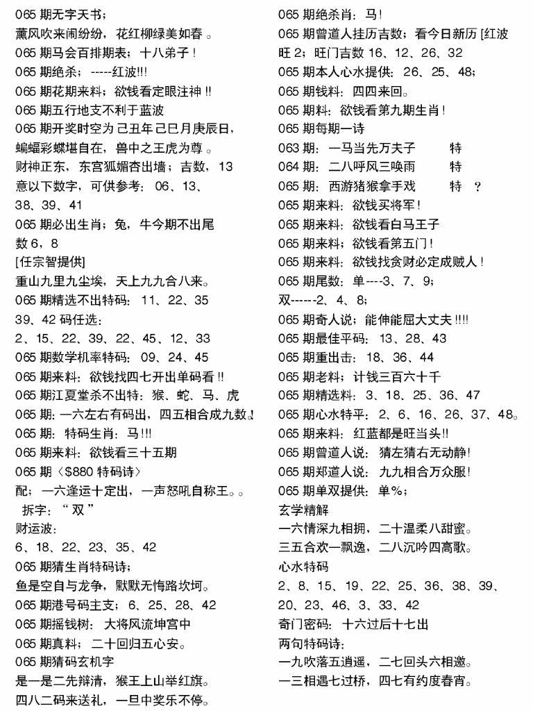 六合彩065期当日电脑综合资料A(黑白)