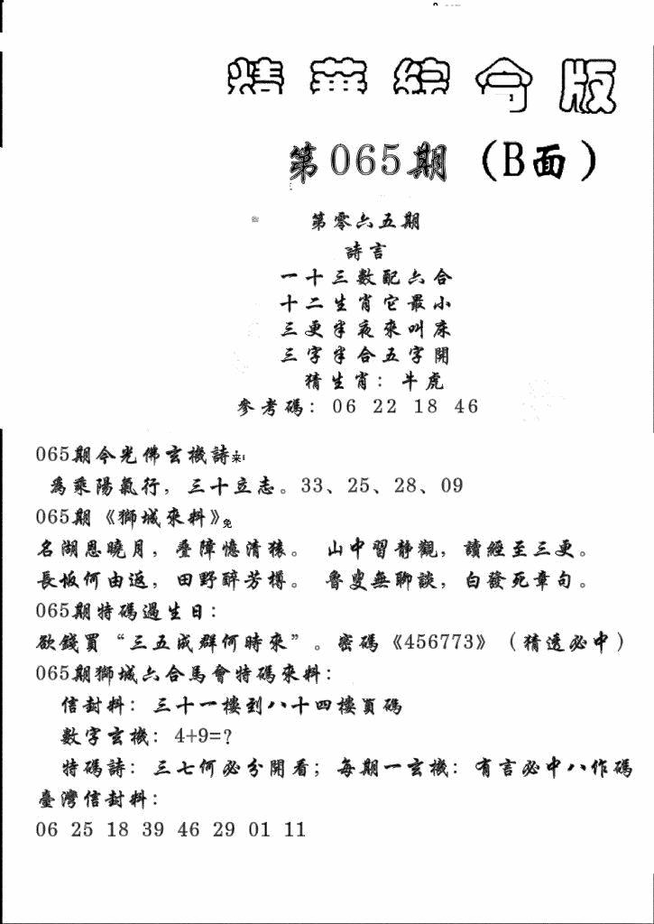 六合彩065期精华综合B(黑白)